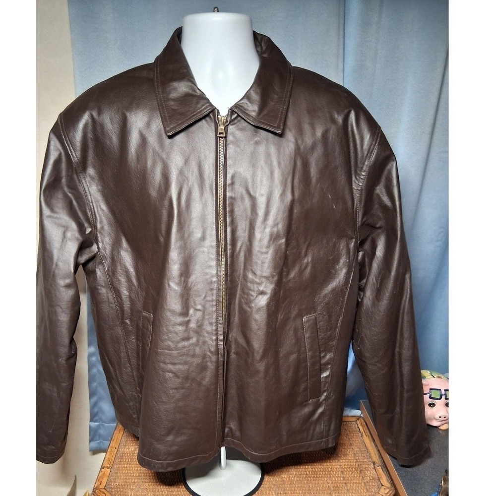 Vintage Leather Mens 2XL Brown  w/2 Welt pockets Full Zip Quilted Lined Casual